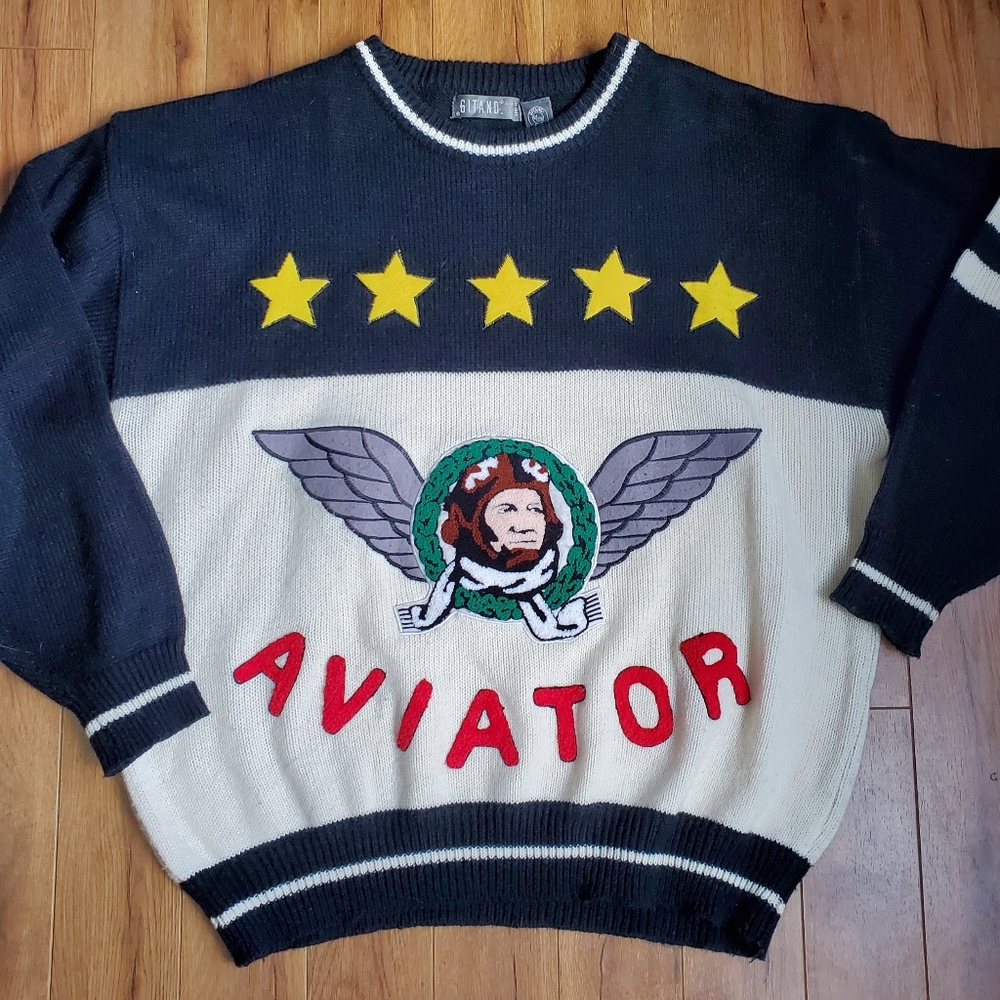 Vintage Black and Cream 'Aviator' Crewneck Sweater